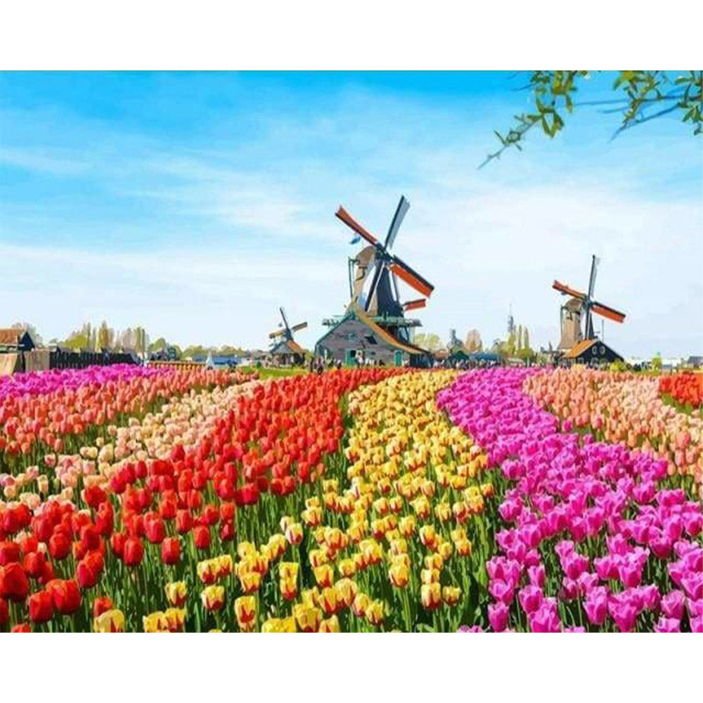 paint by numbers | Dutch Windmill Flowers | advanced flowers landscapes | FiguredArt