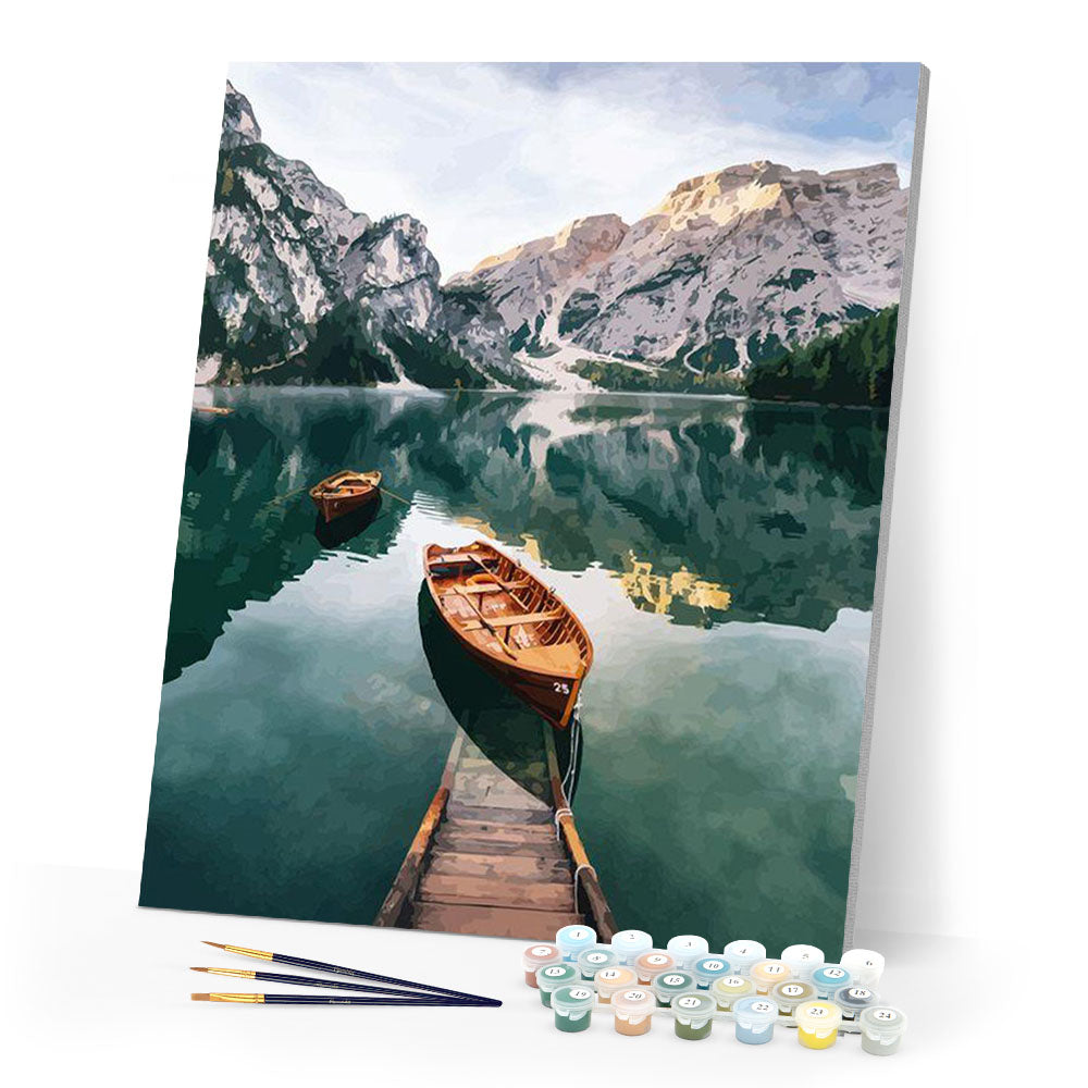 paint by numbers | Small boat and Mountain Lake | intermediate landscapes new arrivals ships and boats | FiguredArt
