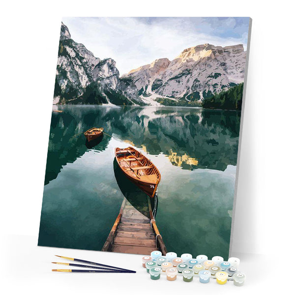 paint by numbers | Small boat and Mountain Lake | intermediate landscapes new arrivals ships and boats | FiguredArt