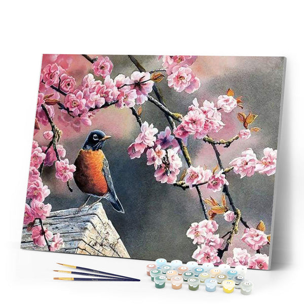 paint by numbers | European Robin in Spring | animals flowers intermediate | FiguredArt