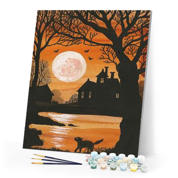 paint by numbers | Full Moon and small Cat | animals cats intermediate landscapes new arrivals | FiguredArt