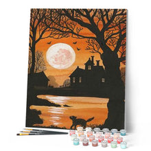 Load image into Gallery viewer, paint by numbers | Full Moon and small Cat | animals cats intermediate landscapes new arrivals | FiguredArt