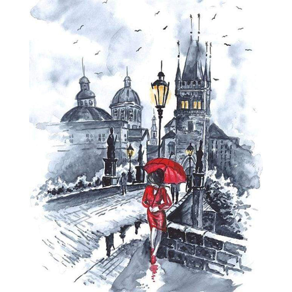 paint by numbers | Woman in red and Umbrella | cities intermediate | FiguredArt