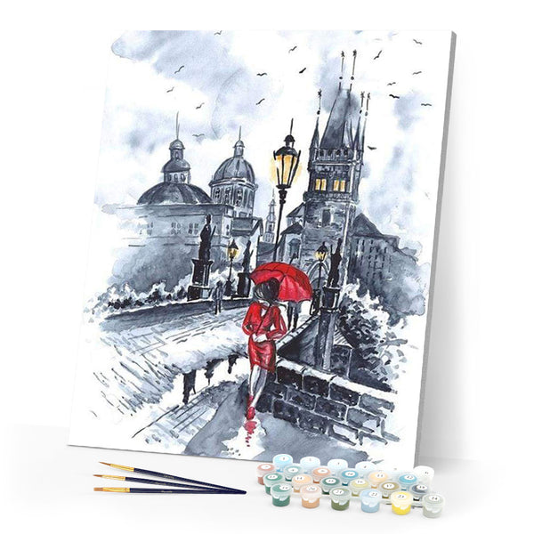 paint by numbers | Woman in red and Umbrella | cities intermediate | FiguredArt