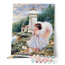 Load image into Gallery viewer, paint by numbers | Little Angel near the Lighthouse | advanced animals landscapes religion romance | FiguredArt