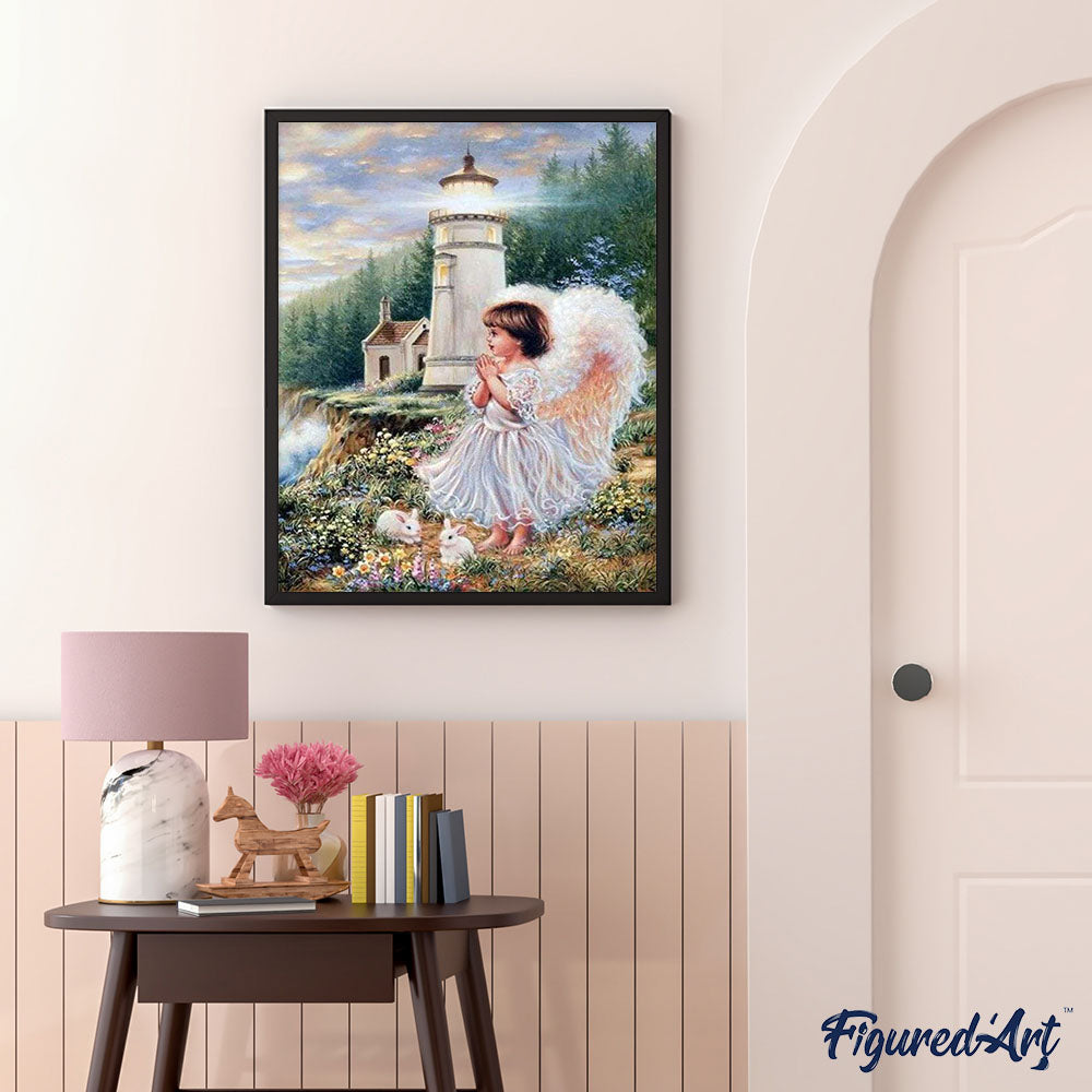 paint by numbers | Little Angel near the Lighthouse | advanced animals landscapes religion romance | FiguredArt