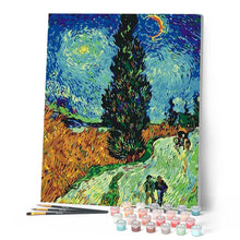 Load image into Gallery viewer, paint by numbers | van gogh road with cypress and star | new arrivals reproduction landscapes van gogh advanced | FiguredArt