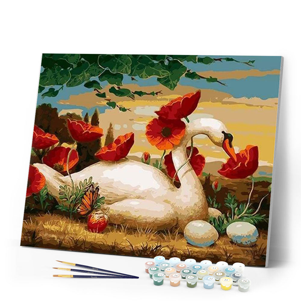 paint by numbers | Swan and Poppies | animals birds easy flowers swans | FiguredArt