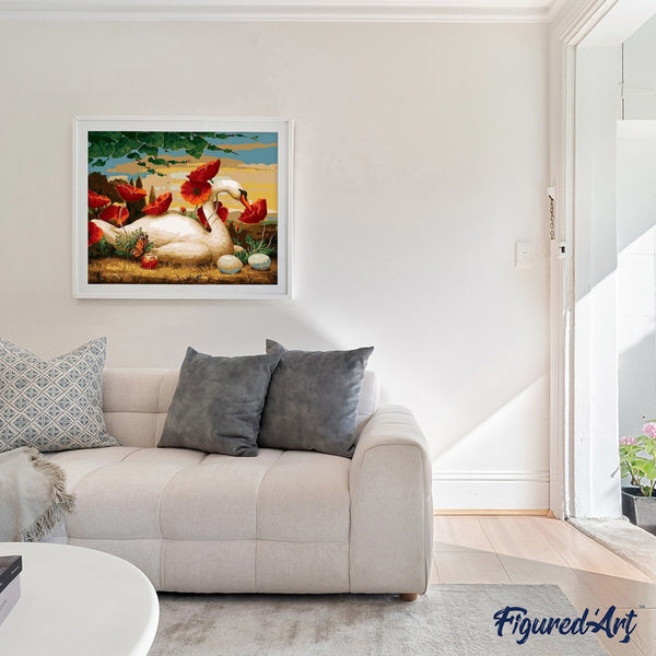 paint by numbers | Swan and Poppies | animals birds easy flowers swans | FiguredArt