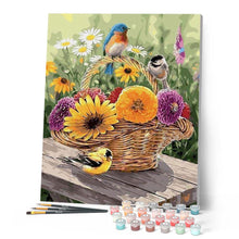 Load image into Gallery viewer, paint by numbers | Flowers in a Basket and Birds | animals birds flowers intermediate | FiguredArt