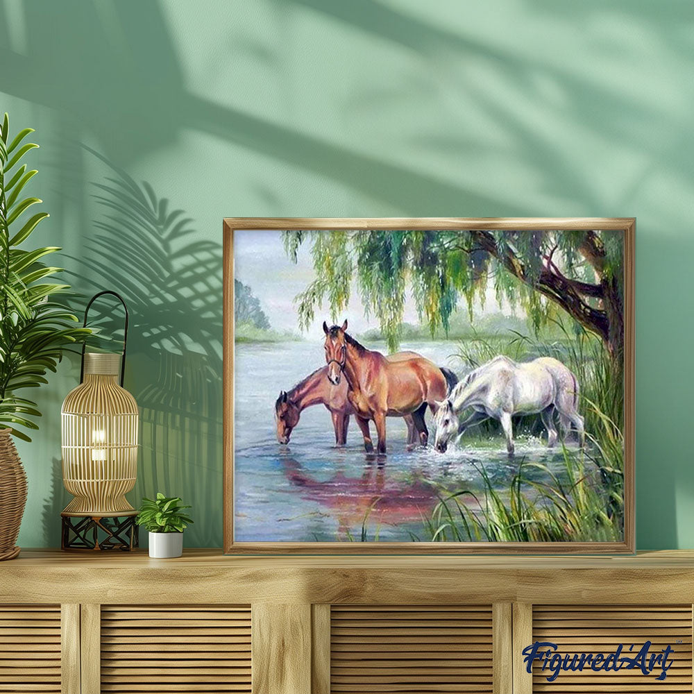 paint by numbers | three horses near the lake | new arrivals animals horses advanced | FiguredArt