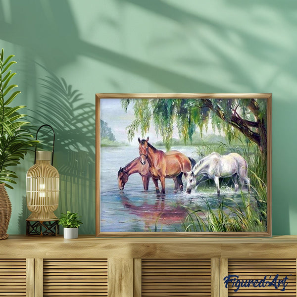 paint by numbers | three horses near the lake | new arrivals animals horses advanced | FiguredArt