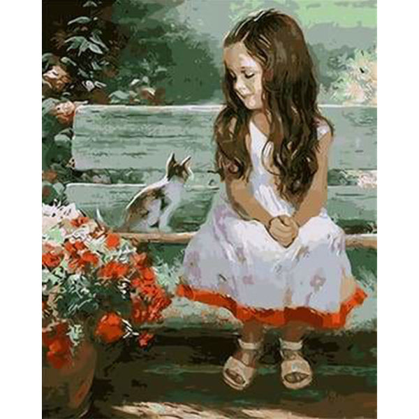 paint by numbers | Little Girl and Cat | advanced animals cats flowers portrait | FiguredArt