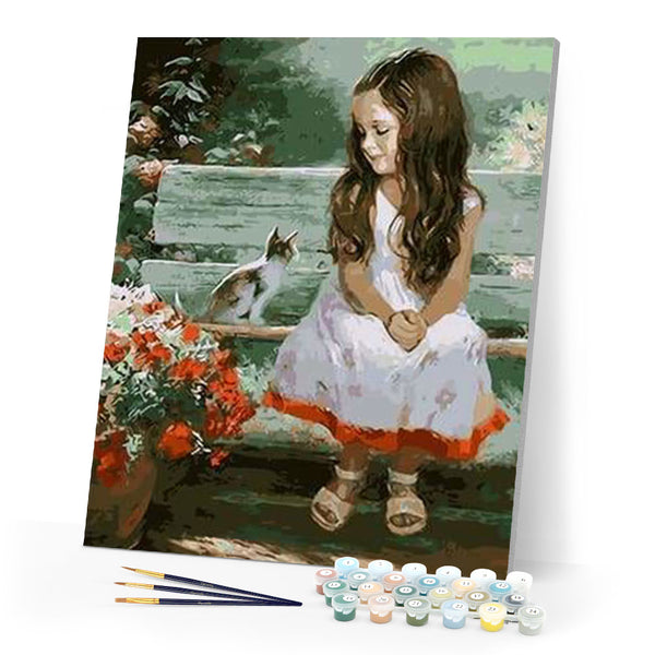 paint by numbers | Little Girl and Cat | advanced animals cats flowers portrait | FiguredArt