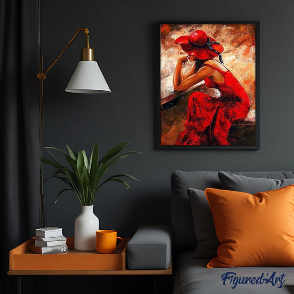 paint by numbers | Woman wearing a Red Dress and Hat | advanced romance | FiguredArt