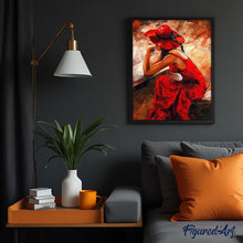 Load image into Gallery viewer, paint by numbers | Woman wearing a Red Dress and Hat | advanced romance | FiguredArt