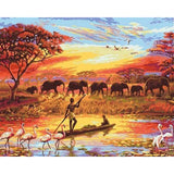 paint by numbers | Sunset with Elephants | animals elephants intermediate landscapes world | FiguredArt