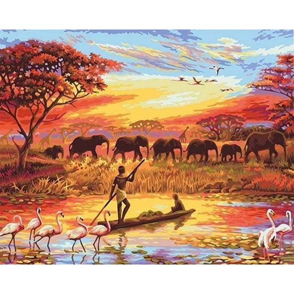 paint by numbers | Sunset with Elephants | animals elephants intermediate landscapes world | FiguredArt