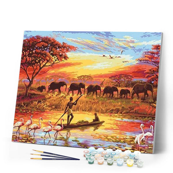 paint by numbers | Sunset with Elephants | animals elephants intermediate landscapes world | FiguredArt