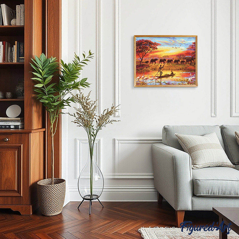 paint by numbers | Sunset with Elephants | animals elephants intermediate landscapes world | FiguredArt