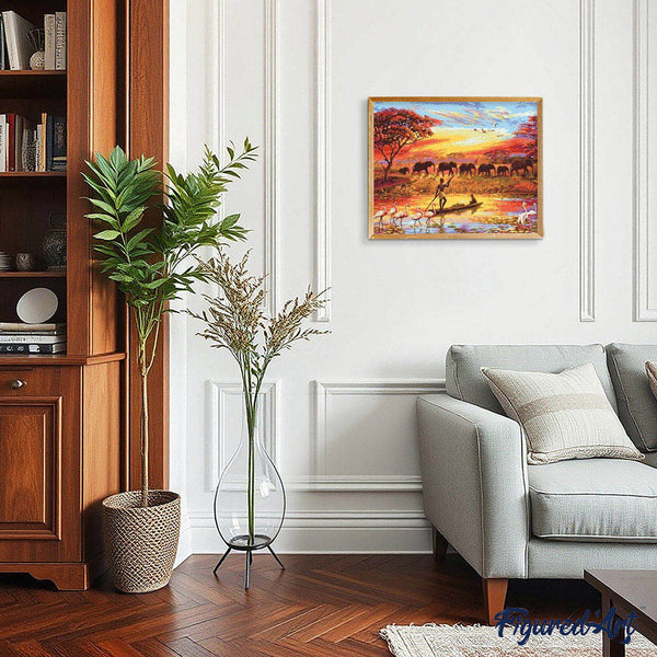 paint by numbers | Sunset with Elephants | animals elephants intermediate landscapes world | FiguredArt