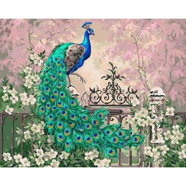 paint by numbers | Peacock and White Flowers | advanced animals peacocks | FiguredArt