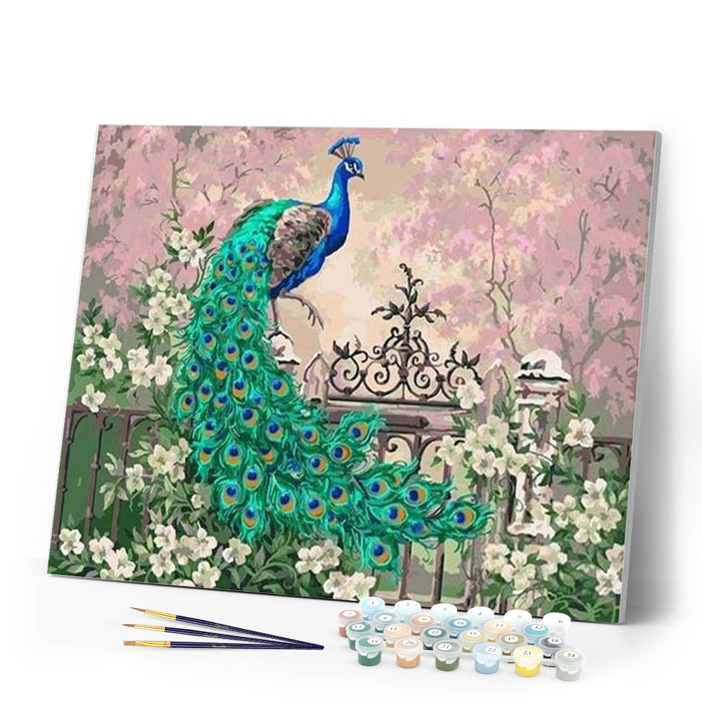 paint by numbers | Peacock and White Flowers | advanced animals peacocks | FiguredArt