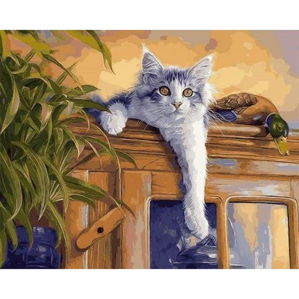 paint by numbers | Cat and Duck perched | animals birds cats ducks intermediate | FiguredArt
