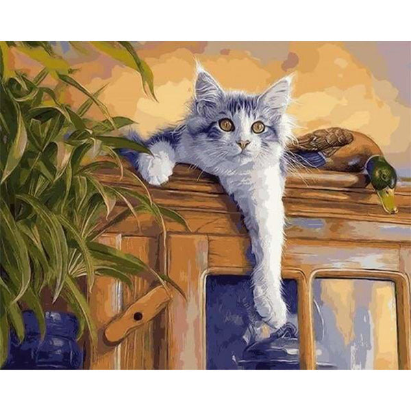 paint by numbers | Cat and Duck perched | animals birds cats ducks intermediate | FiguredArt