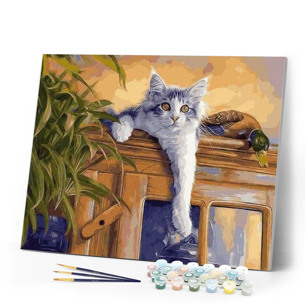 paint by numbers | Cat and Duck perched | animals birds cats ducks intermediate | FiguredArt