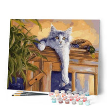 Load image into Gallery viewer, paint by numbers | Cat and Duck perched | animals birds cats ducks intermediate | FiguredArt