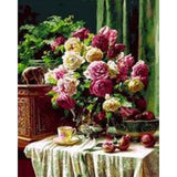 paint by numbers | Cup of coffee and lovely bouquet | advanced flowers | FiguredArt