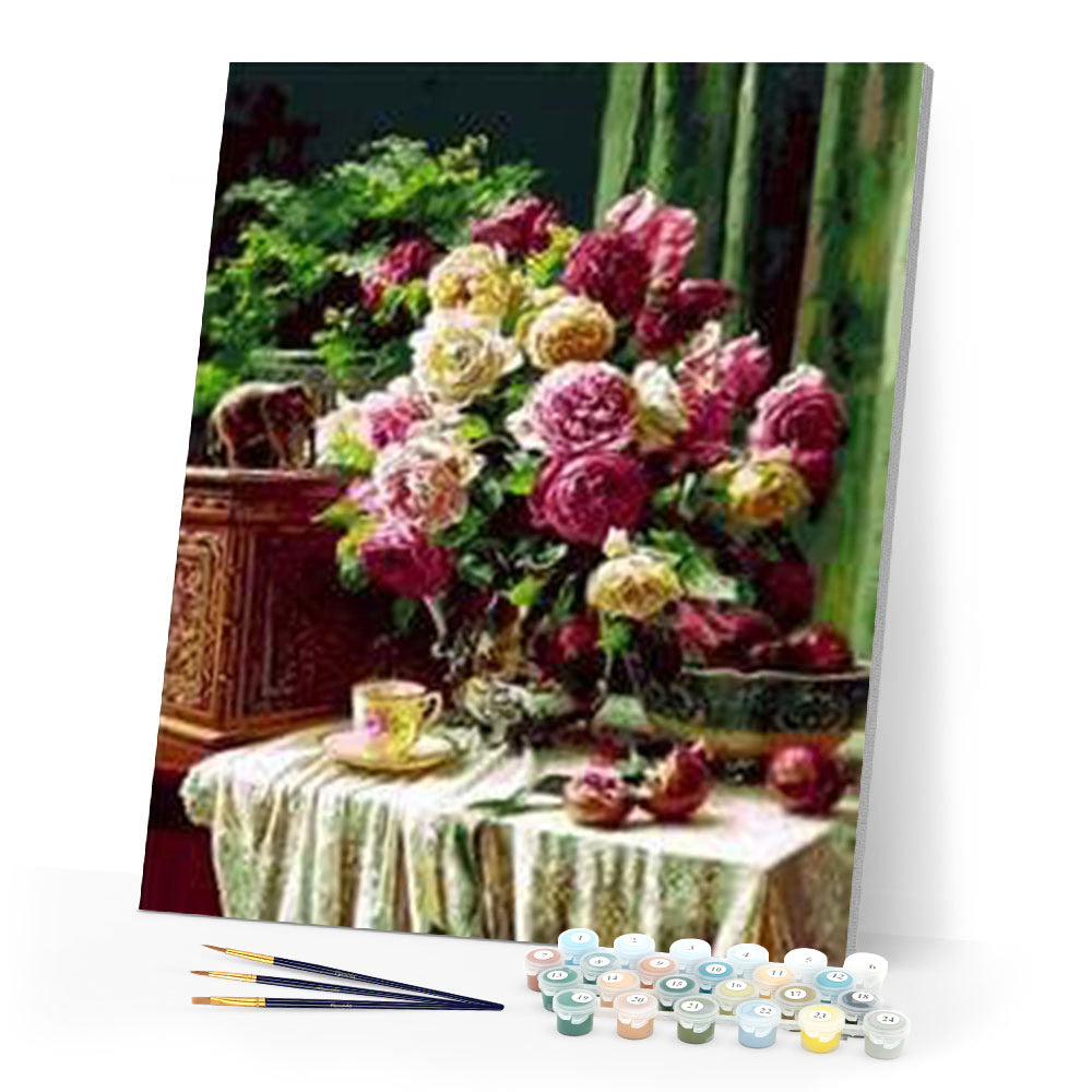 paint by numbers | Cup of coffee and lovely bouquet | advanced flowers | FiguredArt