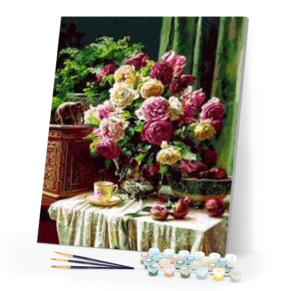 paint by numbers | Cup of coffee and lovely bouquet | advanced flowers | FiguredArt