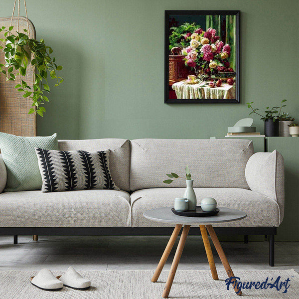 paint by numbers | Cup of coffee and lovely bouquet | advanced flowers | FiguredArt