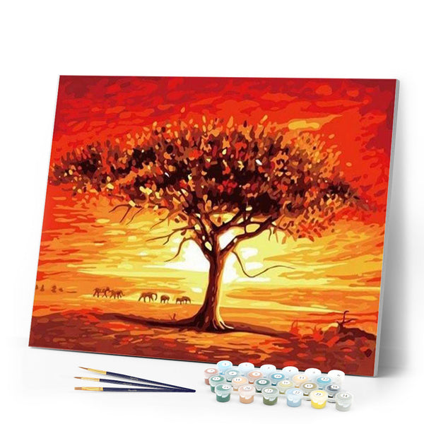 paint by numbers | Sunset and Elephants | animals easy elephants landscapes trees | FiguredArt