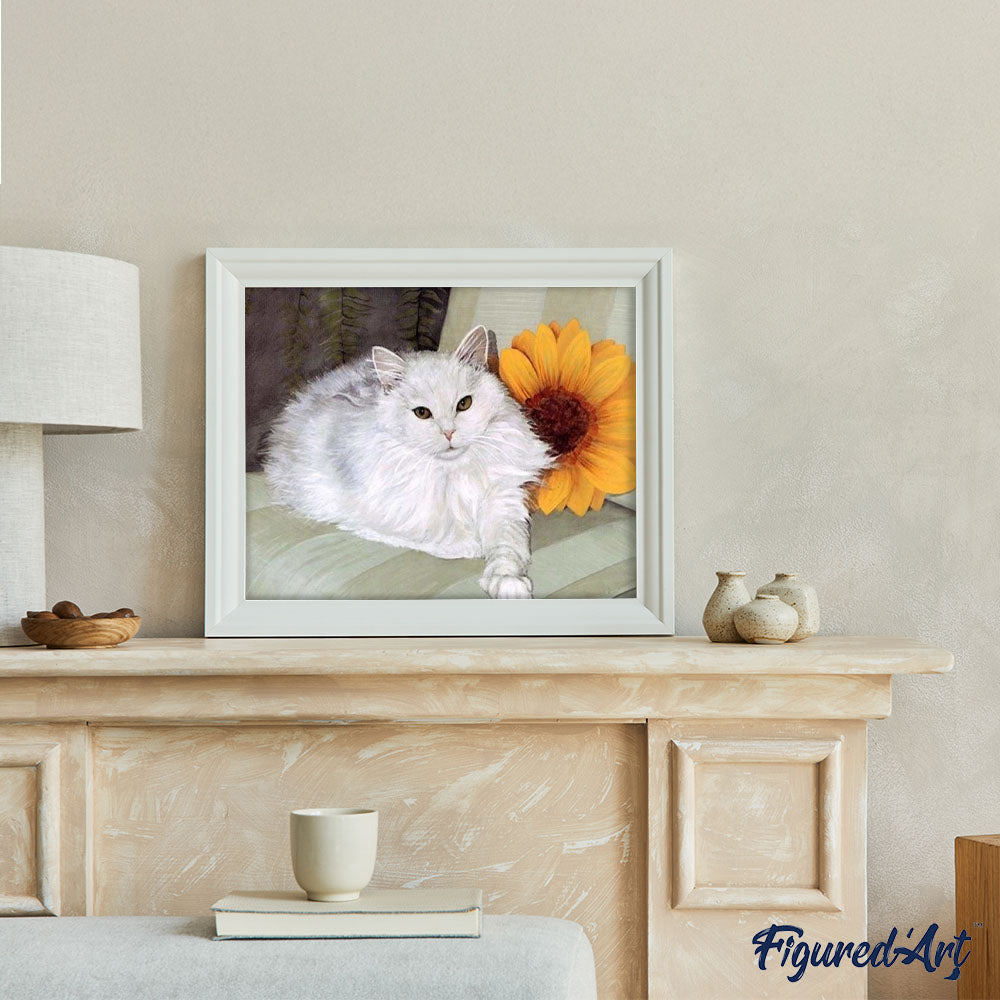 paint by numbers | White Cat and Sunflower | animals cats intermediate | FiguredArt