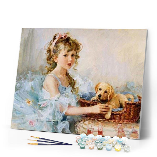 paint by numbers | Little Girl and her Puppy | animals dogs intermediate portrait romance | FiguredArt