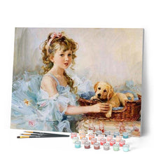 Load image into Gallery viewer, paint by numbers | Little Girl and her Puppy | animals dogs intermediate portrait romance | FiguredArt