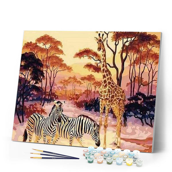 paint by numbers | Zebra and Giraffe at sunset | advanced animals giraffes zebras | FiguredArt