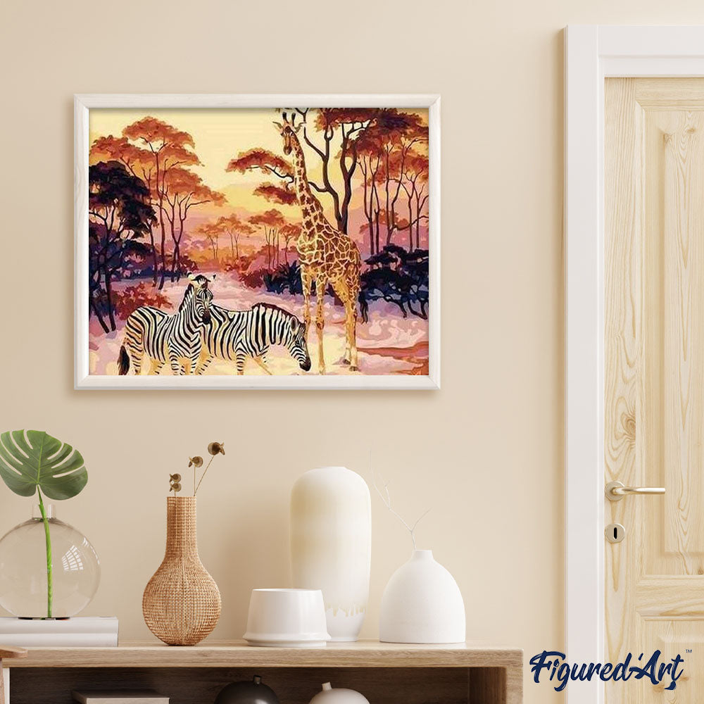 paint by numbers | Zebra and Giraffe at sunset | advanced animals giraffes zebras | FiguredArt