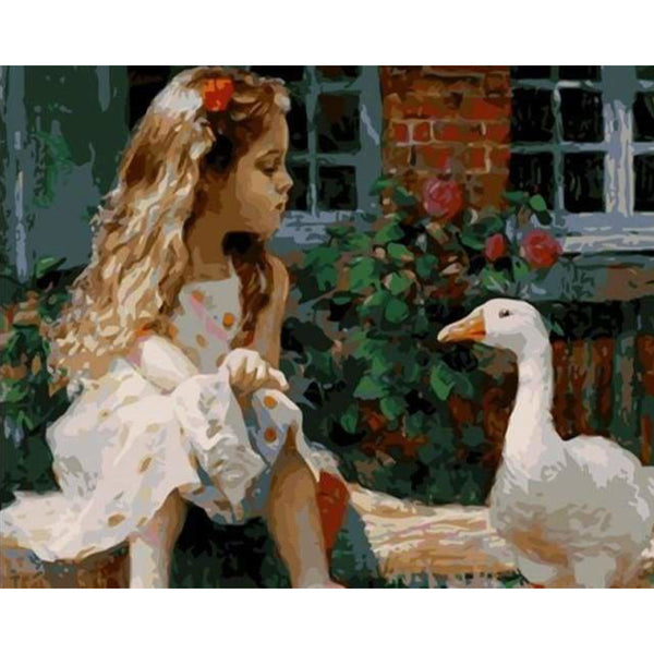 paint by numbers | Little Girl and Duck | animals birds ducks intermediate | FiguredArt