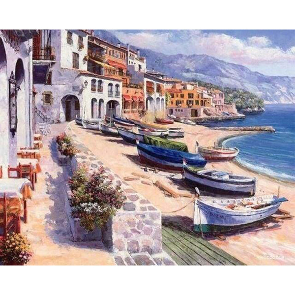 paint by numbers | Small Village in Spain | advanced landscapes ships and boats | FiguredArt