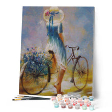 Load image into Gallery viewer, paint by numbers | young woman on a bicycle | new arrivals romance intermediate | FiguredArt