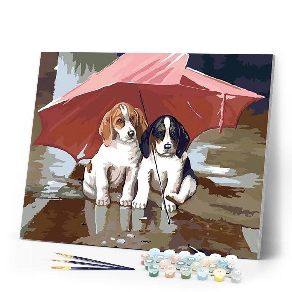 paint by numbers | Two Puppies under a red umbrella | animals dogs easy | FiguredArt