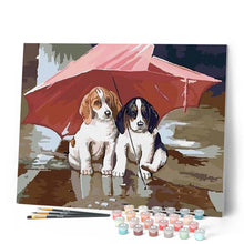 Load image into Gallery viewer, paint by numbers | Two Puppies under a red umbrella | animals dogs easy | FiguredArt