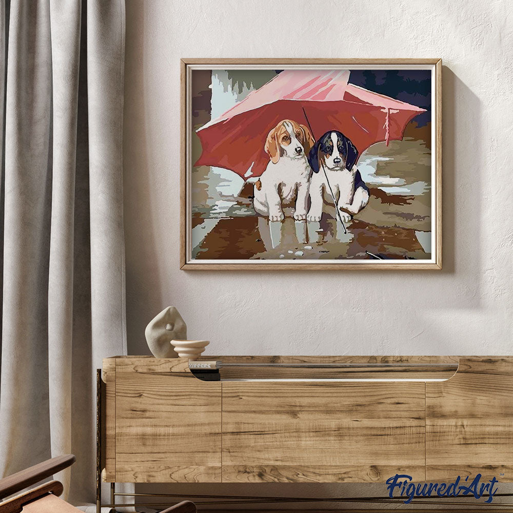 paint by numbers | Two Puppies under a red umbrella | animals dogs easy | FiguredArt