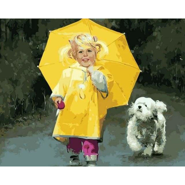 paint by numbers | Little Girl in Yellow and Small Dog | animals dogs intermediate portrait | FiguredArt