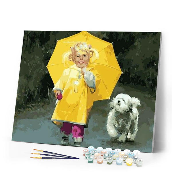 paint by numbers | Little Girl in Yellow and Small Dog | animals dogs intermediate portrait | FiguredArt