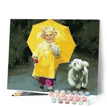 Load image into Gallery viewer, paint by numbers | Little Girl in Yellow and Small Dog | animals dogs intermediate portrait | FiguredArt